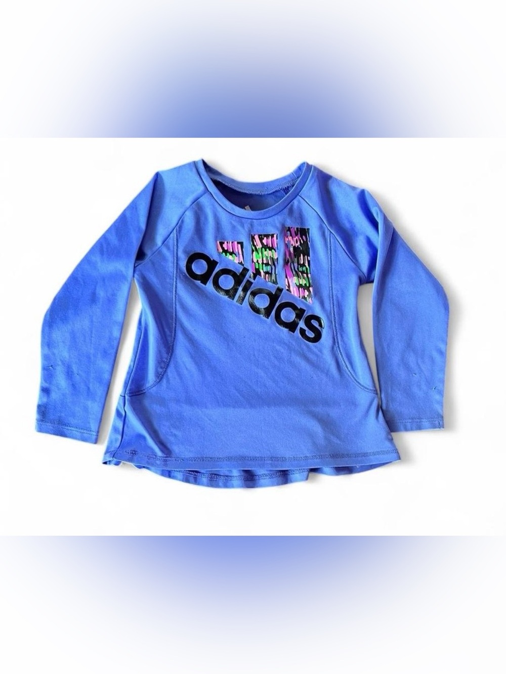 adidas Girls' Light Blue Long Sleeve Logo Tee with Multicolor Accents